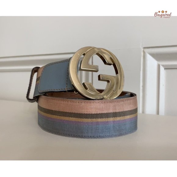 Authentic Gucci Multi Web Canvas Leather Gold Interlocking G Buckle Belt 85/34 - Picture 13 of 13